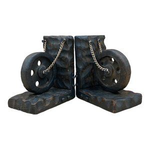 Witco Style Wheel With Chain MCM Carved Wood Bookends